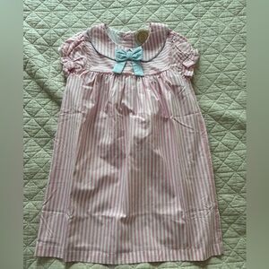 The Beaufort Bonnet Company Pink Striped dress with Blue Bow